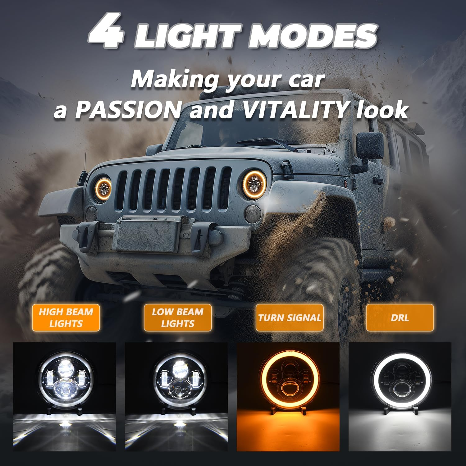 7" LED Headlight Integrated DRL & Amber Turn Signal Function for 1976-2018 Jeep Wrangler CJ TJ LJ JK JKU (2pcs/set)