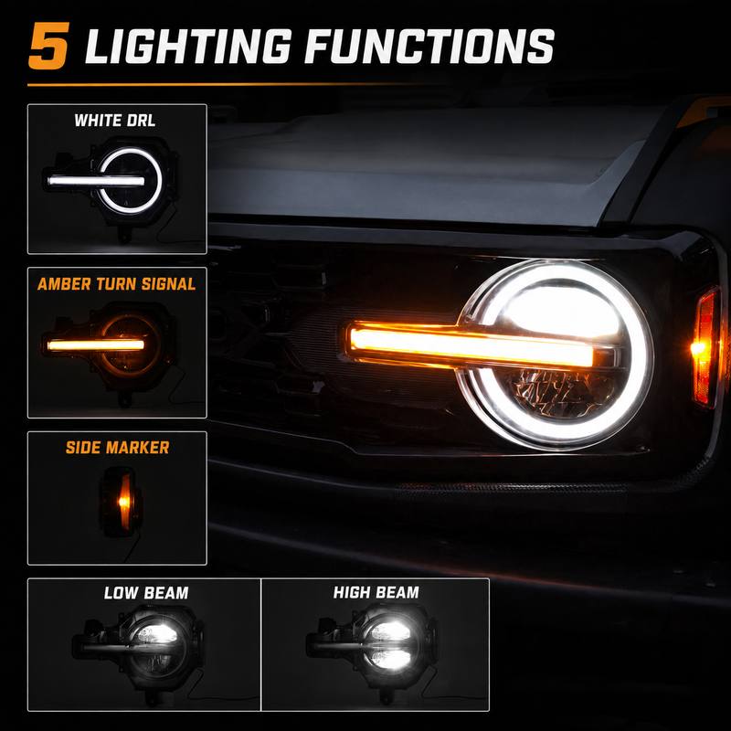 Ford Bronco Full LED Headlights with DRL & Turn Signals for 2021–Present Full-Size Models (Pair)