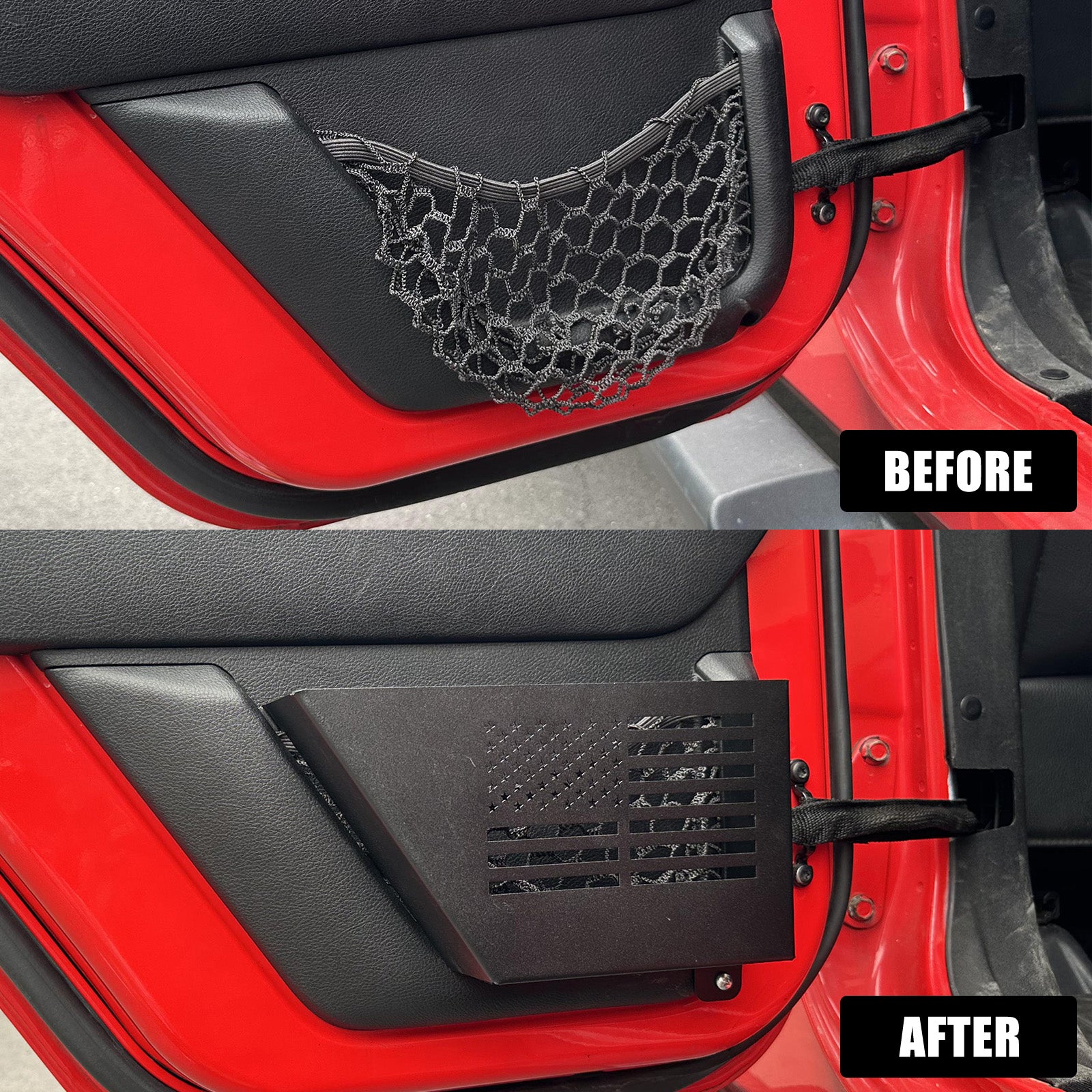 Jeep Wrangler Metal Front & Rear Door Storage Box for 2007-2018 Jeep Wrangler JK JKU 2/4 Door (4PCS) before and after installation
