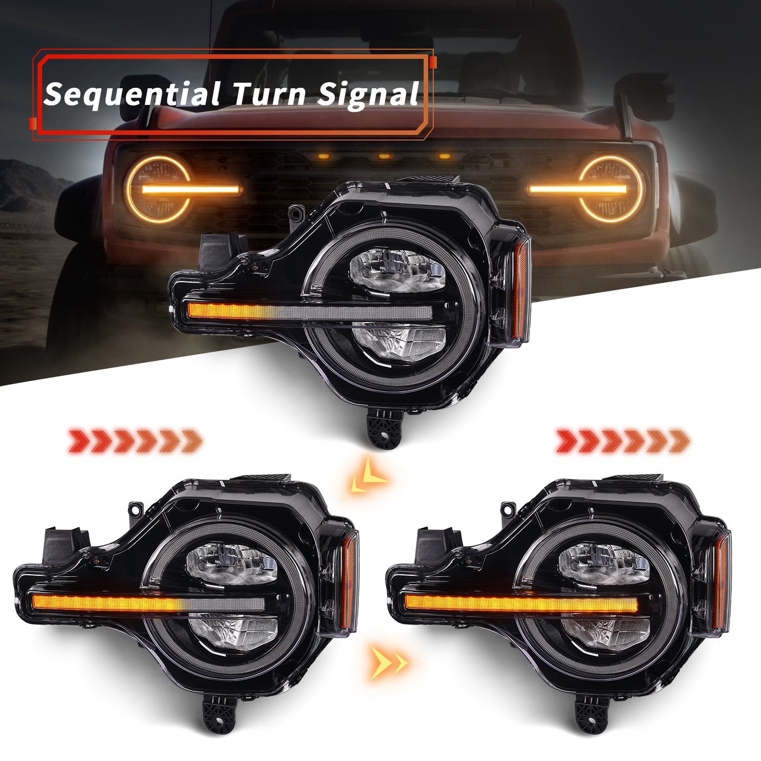 LED Headlights Assembly for 2021-2026 Ford Bronco with DRL and Amber Sequential Turn Signal (2Pcs/Set)