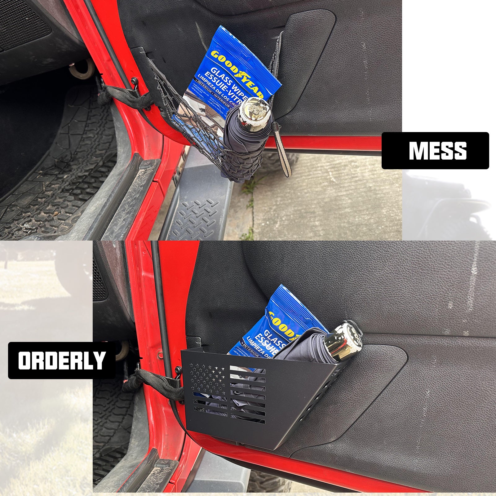 Jeep Wrangler Metal Front & Rear Door Storage Box for 2007-2018 Jeep Wrangler JK JKU 2/4 Door (4PCS) organized interior image comparison
