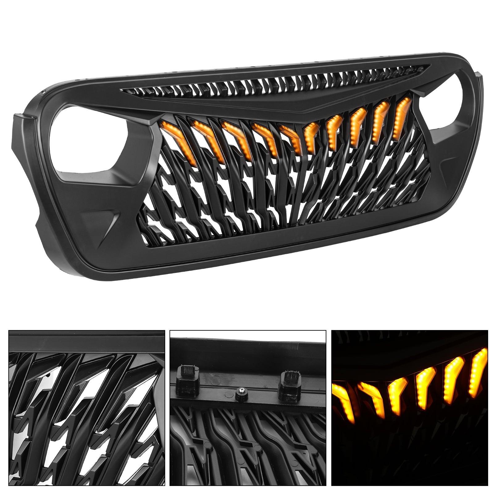 Hawk-Wing Aggressive Front Grille with Amber LED Running Lights for 2018-2026 Jeep Wrangler JL 4xe Gladiator JT