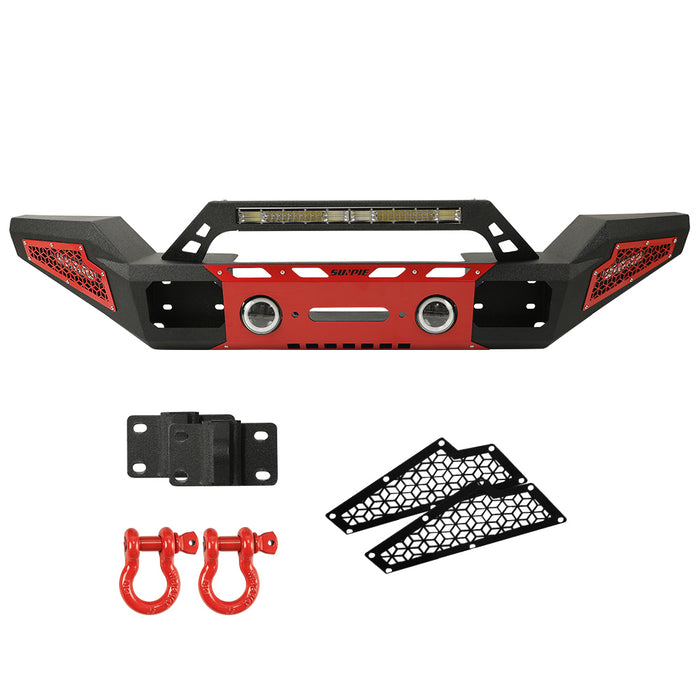 Sunpie Black Steel Front Bumper with Winch Plate and Front License Plate Holder, LED Lights & D-Rings for 2007-2025 Jeep Wrangler JK/JL 4xe & Jeep Gladiator