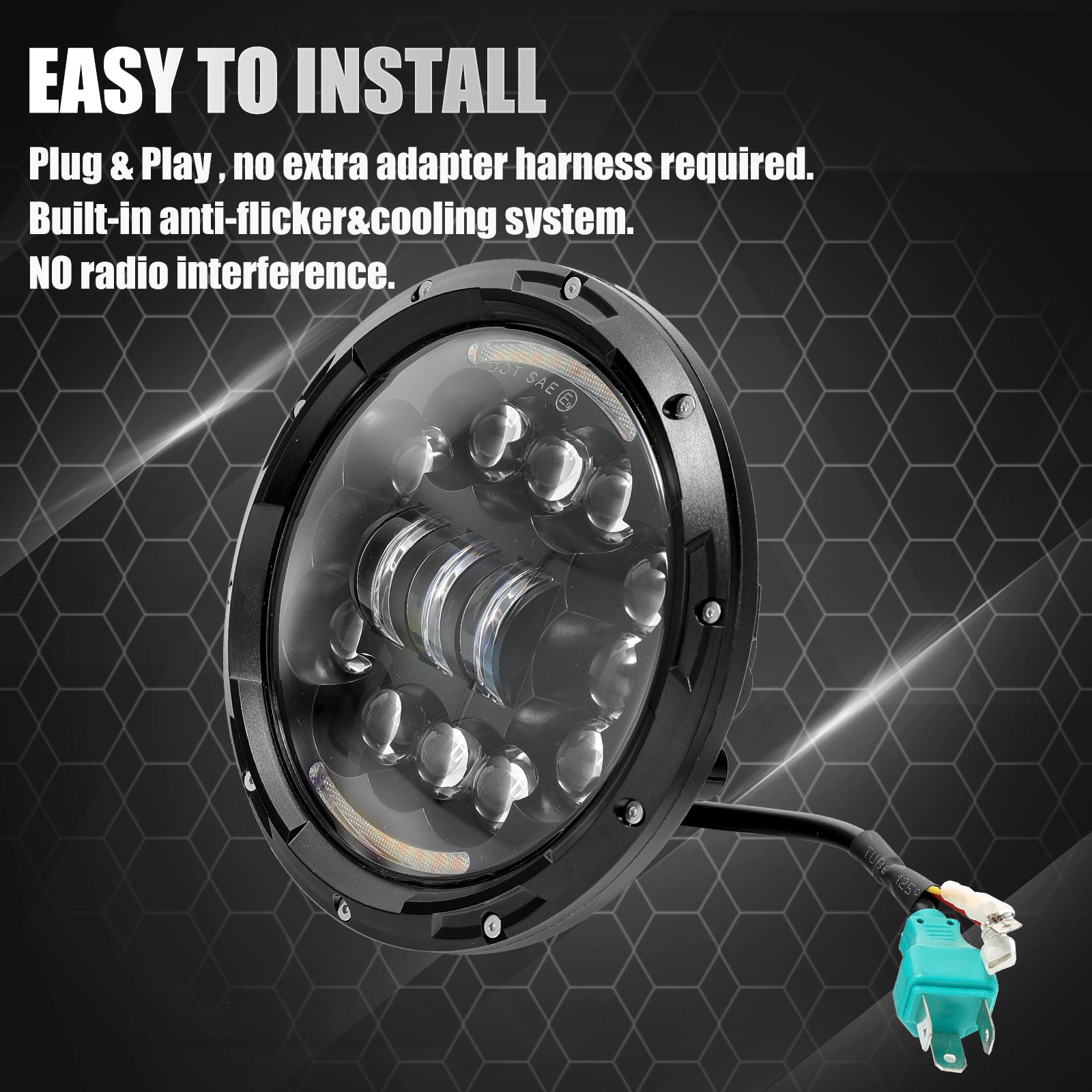 7-Inch Black LED Headlight with 12 LED Beads with Hi/Lo Beam, DRL and Amber Turn Signal  for Harley