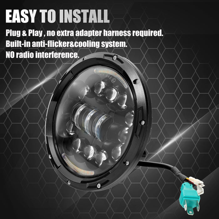7-Inch Black LED Headlight with 12 LED Beads with Hi/Lo Beam, DRL and Amber Turn Signal  for Harley