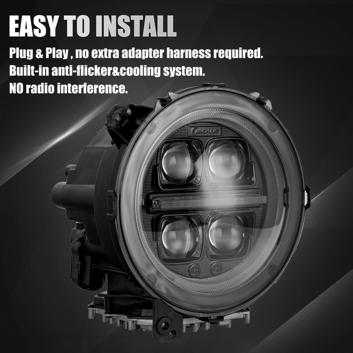 9" 3D Four Lens-Type Jeep Wrangler JL 4xe Gladiator LED Headlights Featuring a Dynamic Welcome Sequence, Integrated DRL, and Turn Signals