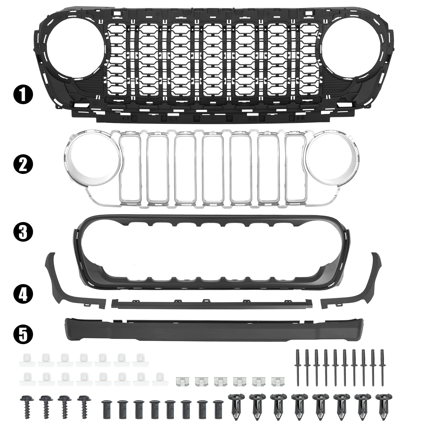 ABS Black & Silver Splicing Front Grille for 2018–2026 Wrangler JL JLU 4xe & Gladiator JT