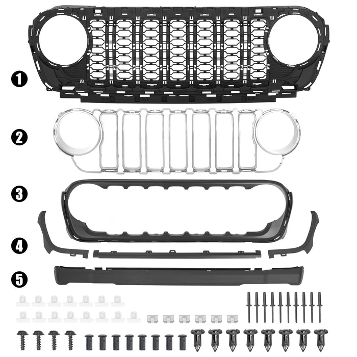 ABS Black & Silver Splicing Front Grille for 2018+ Jeep Wrangler JL JLU 4xe & Jeep Gladiator