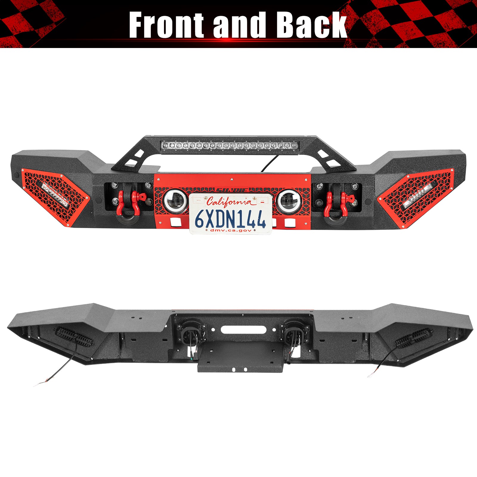 Jeep Front Bumper with Winch Plate, License Plate Bracket, LED Lights & D-Rings for 2007–2026 Jeep Wrangler JK/JL/4XE & Jeep JT