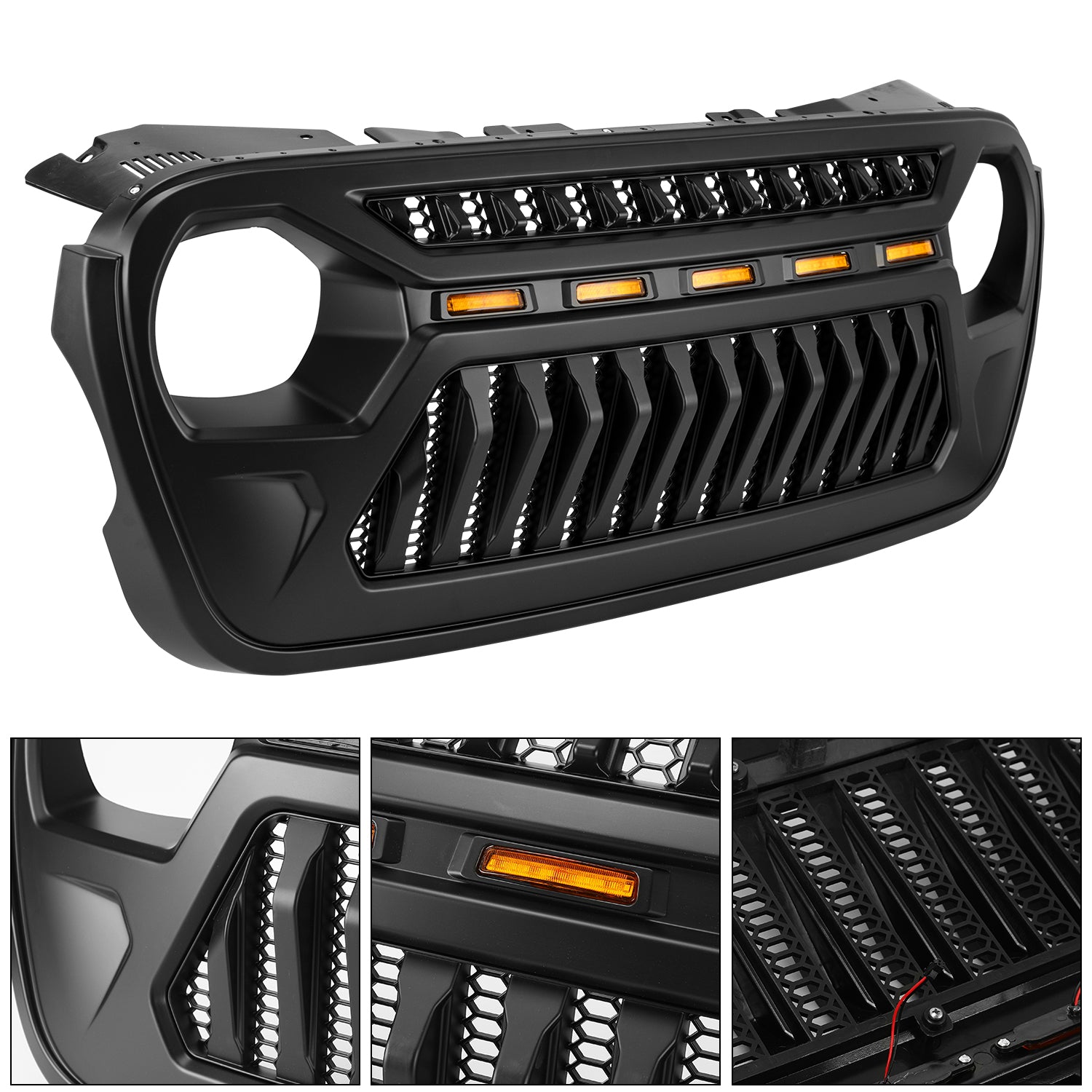 Jeep Grille (Angry Birds) with White/Amber LED Lights ABS Matte Black for 2018-2026 Jeep Wrangler JL JLU 4XE & Jeep Gladiator JT