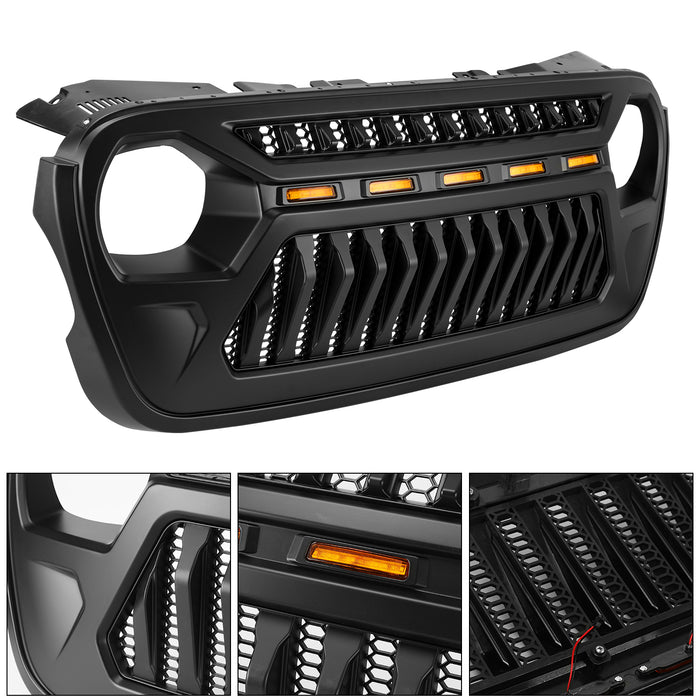 Jeep Grille (Angry Birds) with White/Amber LED Lights ABS Matte Black for 2018-2025 Jeep Wrangler JL JLU & Jeep Gladiator JT