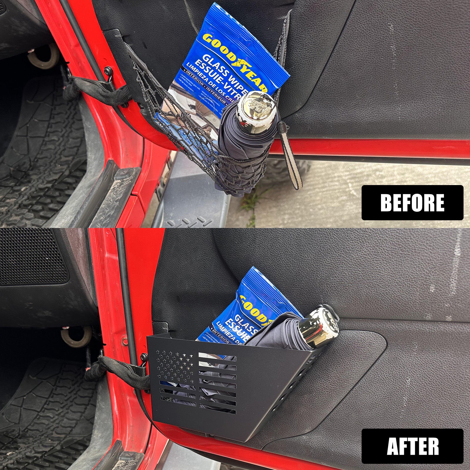 Jeep Metal Front Door Storage Box for '07-'18 Jeep Wrangler JK JKU 2/4 Door (2PCS) before and after installation.