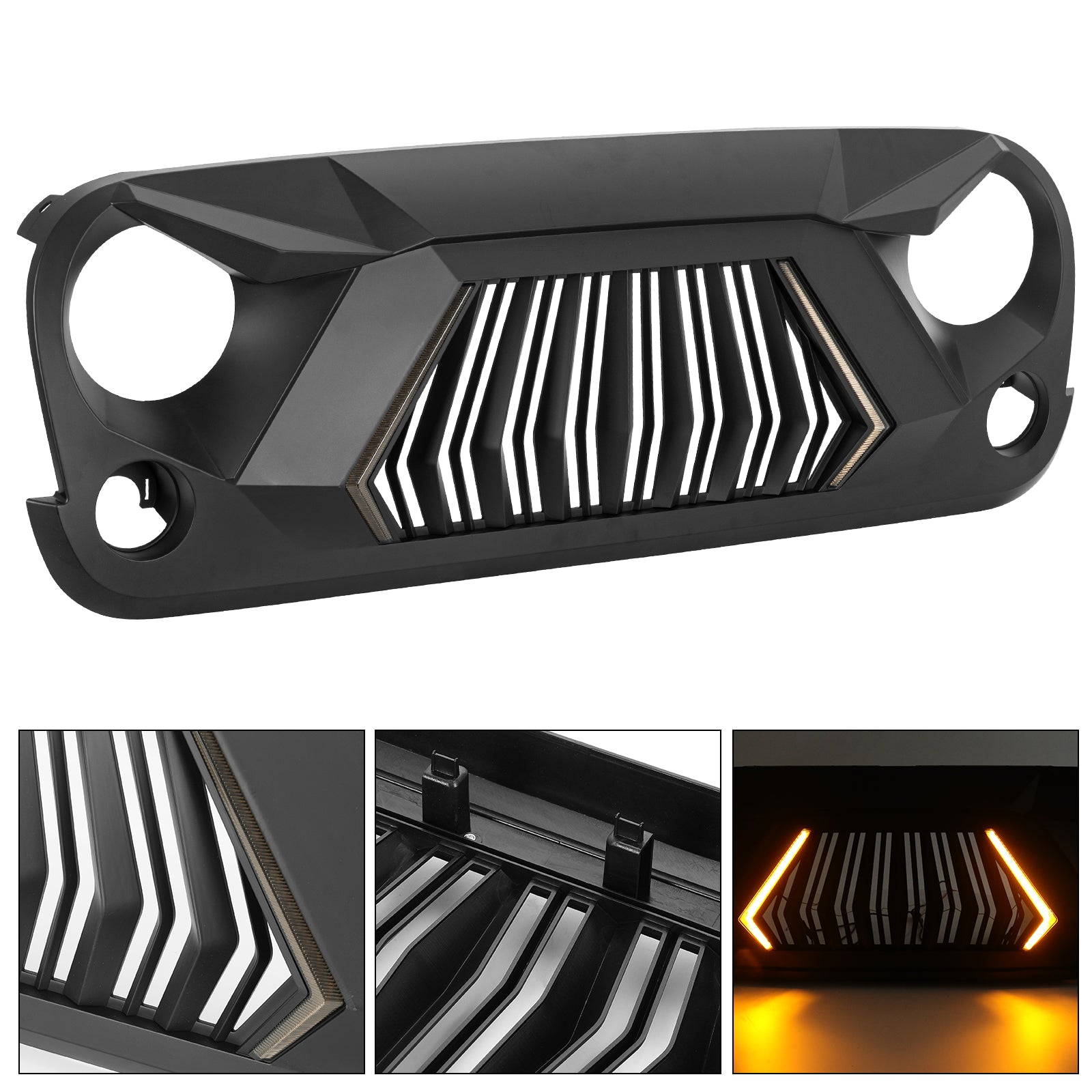Aggressive Shark Grille with Integrated LED DRL & Turn Signals Compatible with 2007-2018 Jeep Wrangler JK JKU