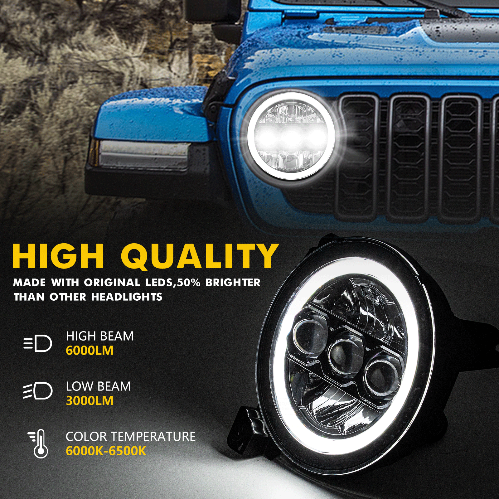 9" 90W LED Headlight with Triple Lens Design, Built-in Halo DRL & Turn Signal for '18-'26 Jeep Wrangler JL 4xe & Jeep Gladiator JT (2pcs/set)