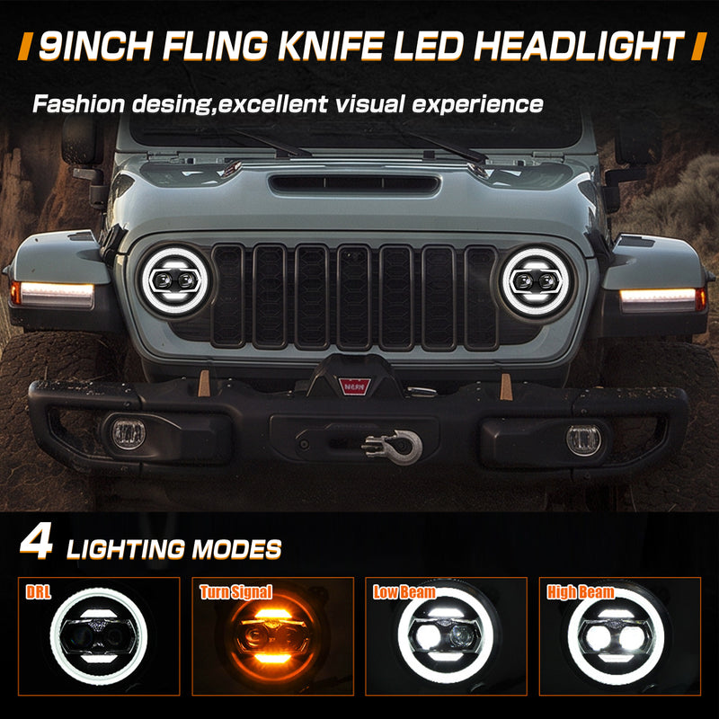 9-Inch LED Headlights with DRL & Turn Signals for 2018–2026 Jeep Wrangler JL JLU, 4xe & 2020–2026 Gladiator JT (Pair)