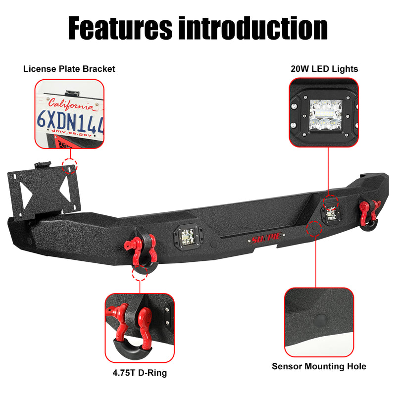 Ford Bronco Heavy Duty Steel Rear Bumper with LED Work Lights, Sensor Holes & D-Rings