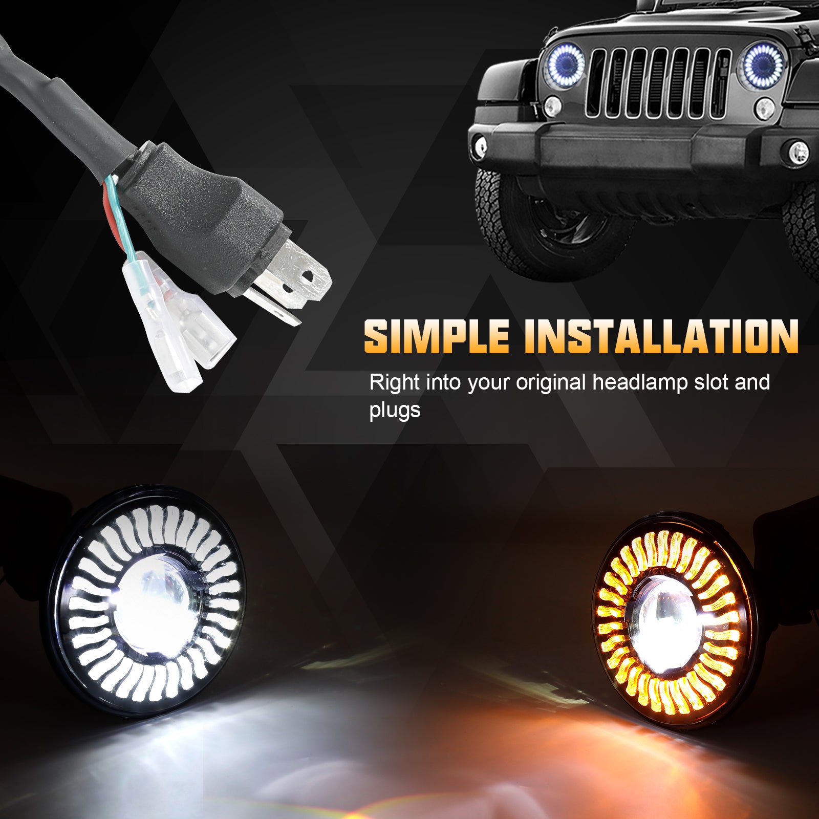 7"3D Halo LED Headlights with DRL and Turn Signal for 1976-2018 Jeep Wrangler CJ TJ LJ JK JKU (2pcs/set)