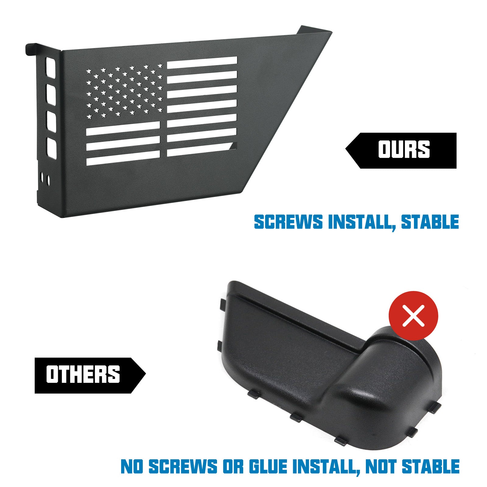 Comparison of Jeep Metal Front Door Storage Box for '07-'18 Jeep Wrangler JK JKU 2/4 Door (2PCS) vs. inferior product.