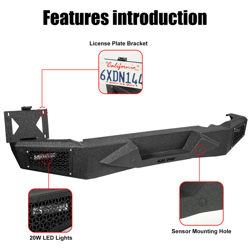 Full-Width Steel Rear Bumper with LED Work Lights, Sensor Holes & License Plate Bracket for 2021–Present Ford Bronco