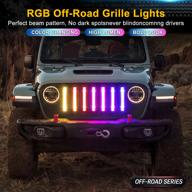 RGB LED Grille Insert Lights for 2018-2023 Jeep Wrangler JL JLU 4xe & Gladiator JT (Stock Grille / No Camera)