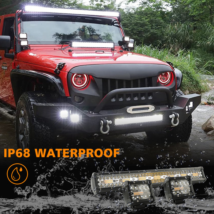 6 Modes White & Amber LED 420W 20" LIght Bar & 2PCS 60W 4" Wrok Lights for SUV ATV UTV TRUCKS PICKUP BOAT