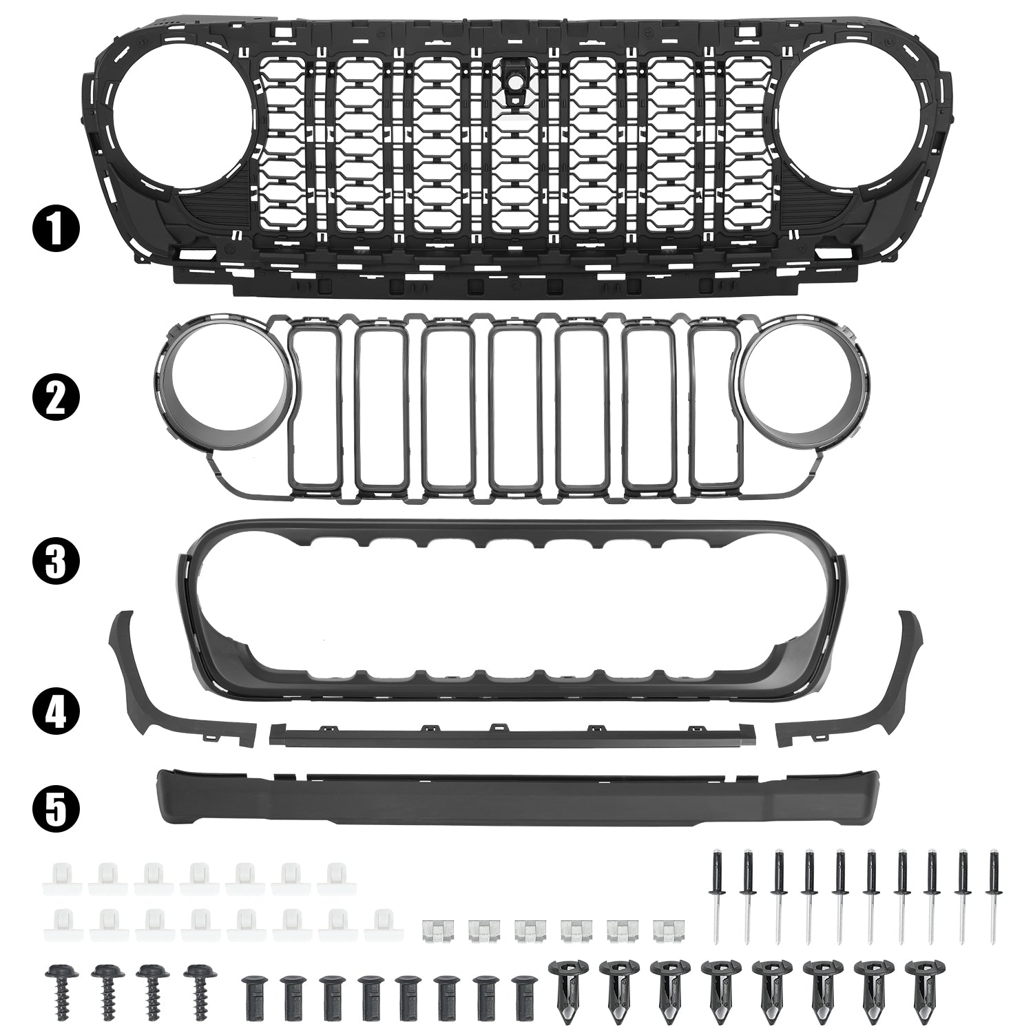 Custom Fit ABS Front Grille with Camera Opening for 2018–2026 Wrangler JL/JLU, 4xe & Gladiator JT – Aftermarket Replacement