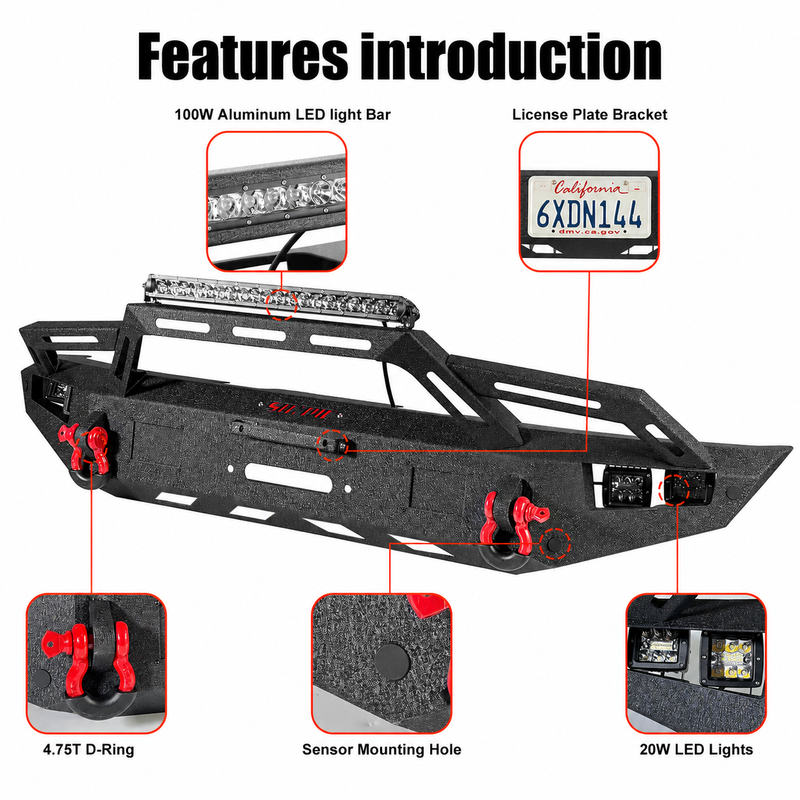 Full-Width Steel Front Bumper with ACC Mount, Winch Plate & LED Lights for 2021–2026 Ford Bronco