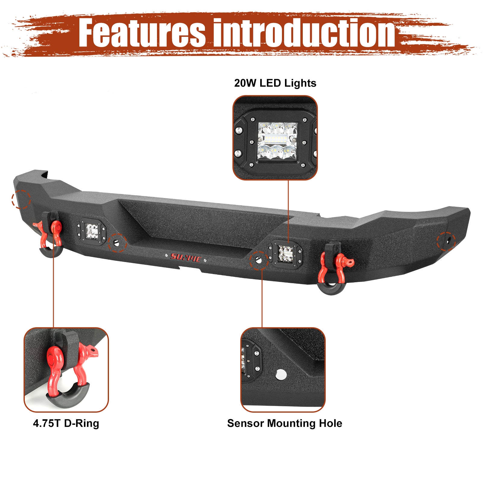 Ford Bronco Heavy Duty Steel Rear Bumper with LED Work Lights, Sensor Holes & D-Rings