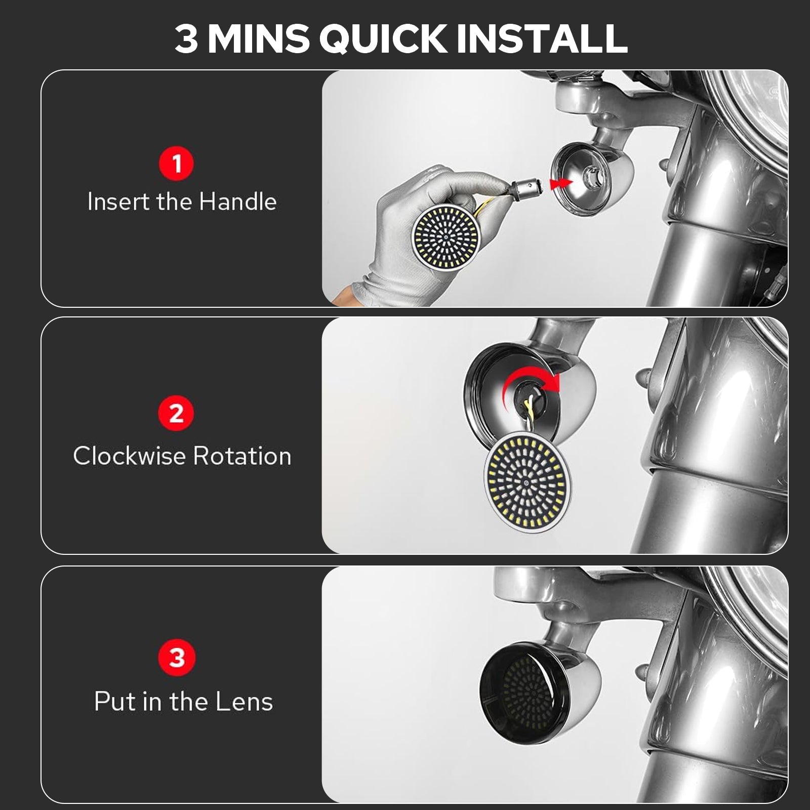 3-step installation guide for 1157 Bullet-Style LED Front Turn Signals (White DRL + Amber Turn Signal) for Harley-Davidson Motorcycles.