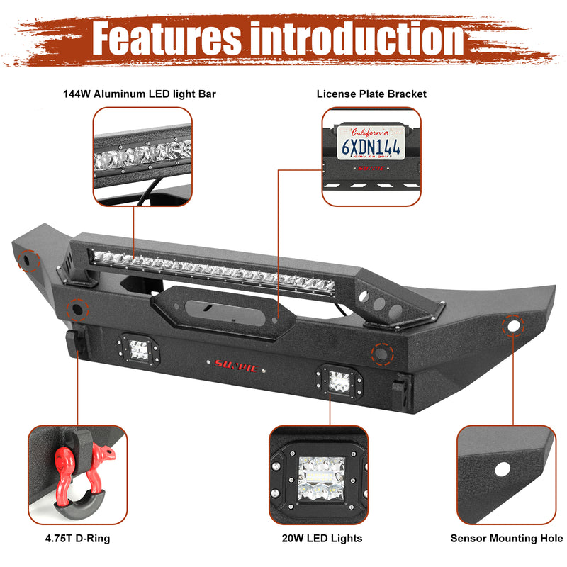 Heavy-Duty Ford Bronco Front Bumper with Integrated Work Lights, Sensor Ports, License Plate Bracket & D-Ring