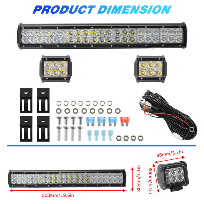 20 Inch 126W Two-Rows Spot & Flood Combo LED Light Bar and 2pcs 4 Inch 18W LED Work Light Pods w/Wiring Harness