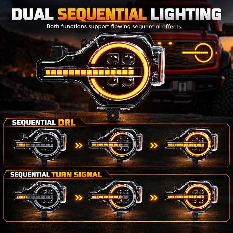 Upgraded App-Controlled Quad-Projector LED Headlights with Sequential DRL & Turn Signals for 2021–Present Ford Bronco (Pair)