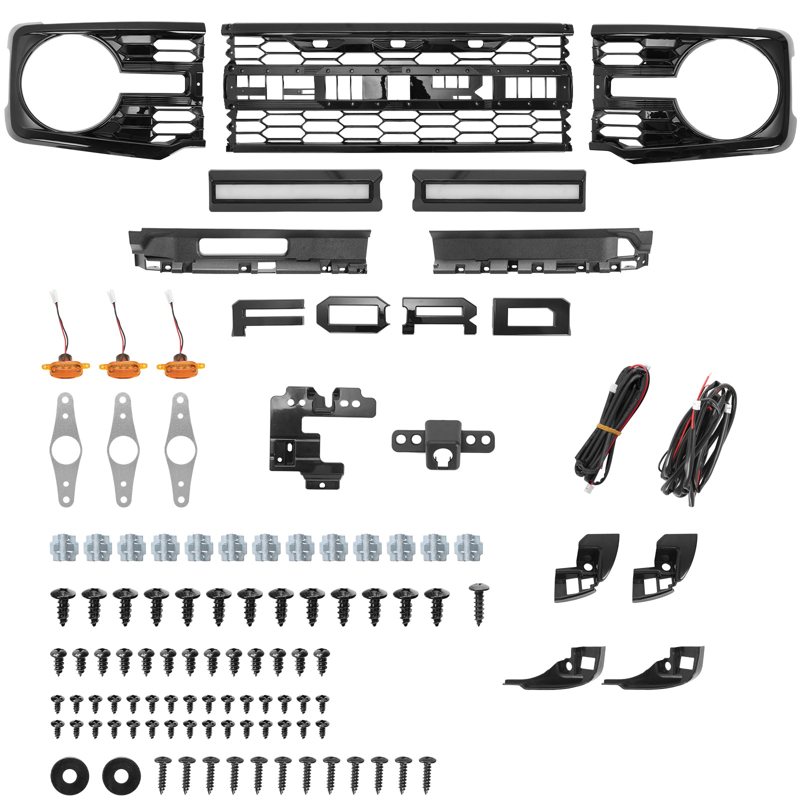 Gloss Black ABS Ford Bronco Grille with Letters, Amber Grille Lights & White DRL
