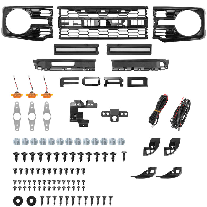 Gloss Black ABS Ford Bronco Grille with Letters, Amber Grille Lights & White DRL