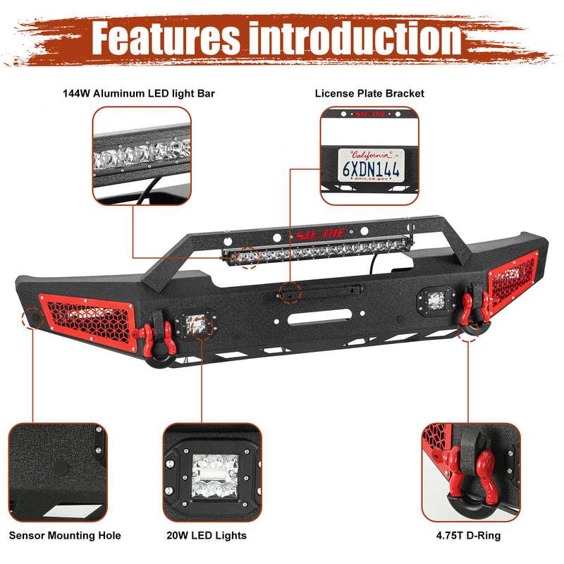 Ford Bronco Steel Front Bumper with Winch Plate and 5 LED Lights D-rings & Sensor Mounting Hole/ACC Mounting Bracket