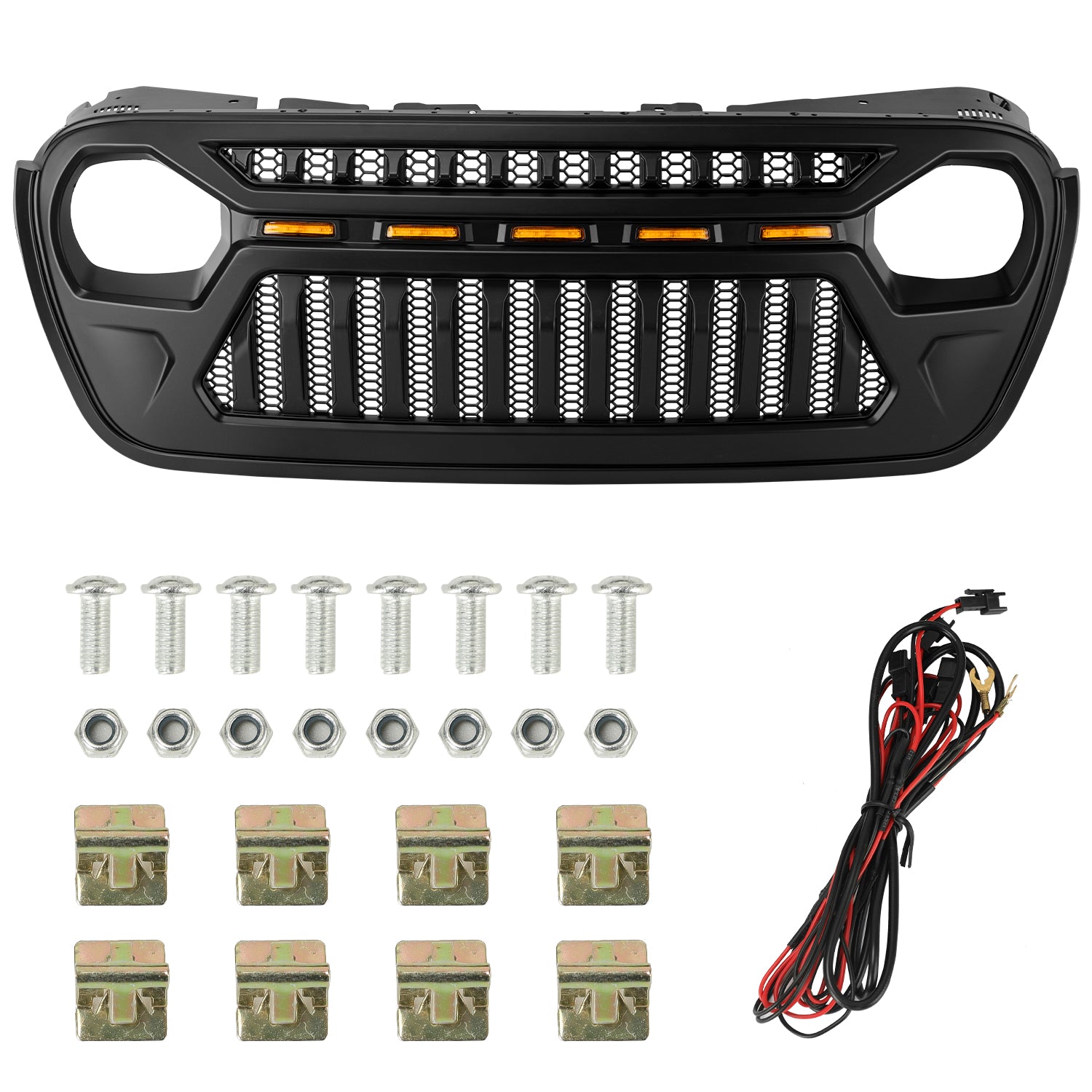Jeep Grille (Angry Birds) with White/Amber LED Lights ABS Matte Black for 2018-2026 Jeep Wrangler JL JLU 4XE & Jeep Gladiator JT