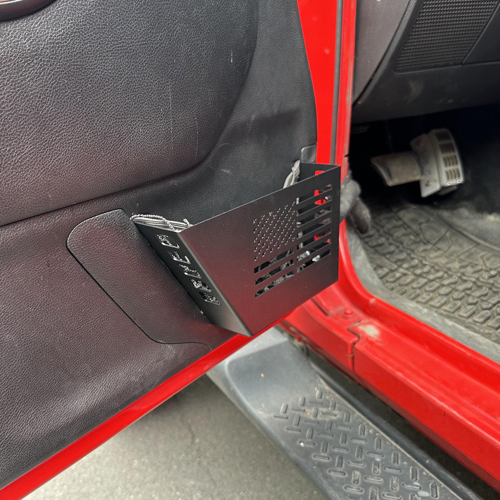 Jeep Metal Front Door Storage Box for '07-'18 Jeep Wrangler JK JKU 2/4 Door (2PCS) installed in vehicle door.