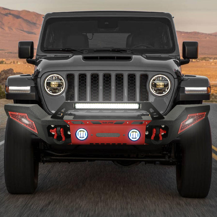 Sunpie Black Steel Front Bumper with Winch Plate and Front License Plate Holder, LED Lights & D-Rings for 2007-2025 Jeep Wrangler JK/JL 4xe & Jeep Gladiator