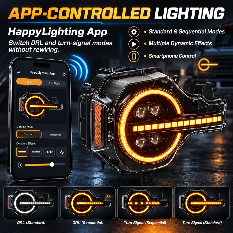 Upgraded App-Controlled Quad-Projector LED Headlights with Sequential DRL & Turn Signals for 2021–Present Ford Bronco (Pair)