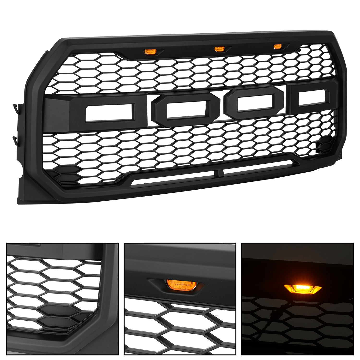 Raptor Style Front Grille for Ford F-150 (2015-2017) with Amber LED Lights & Letters