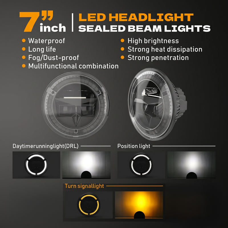 7" Owl-Eye LED Headlights with DRL & Turn Signals for 1976–2018 Jeep Wrangler CJ/TJ/LJ/JK/JKU & Hummer H1/H2 (Pair)