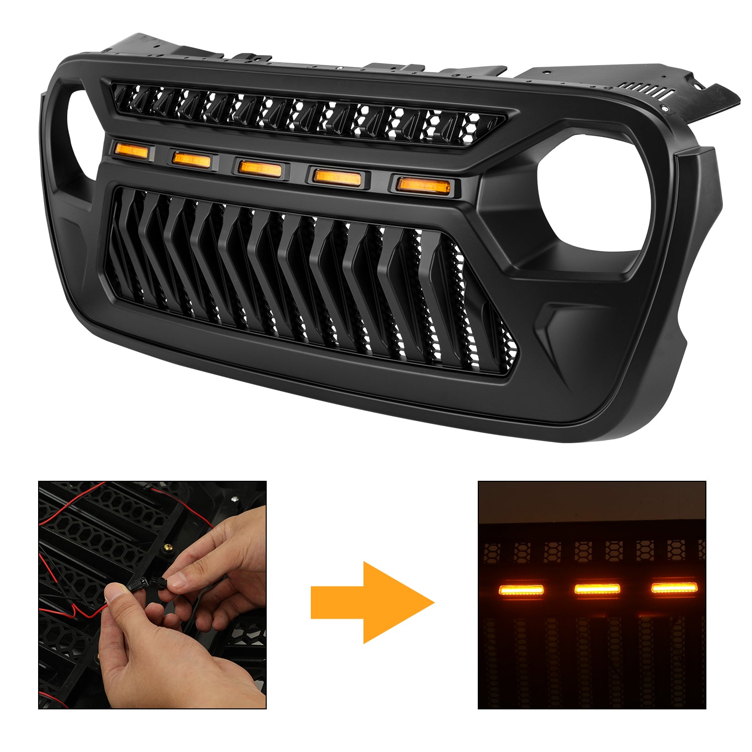 Jeep Grille (Angry Birds) with White/Amber LED Lights ABS Matte Black for 2018-2026 Jeep Wrangler JL JLU 4XE & Jeep Gladiator JT