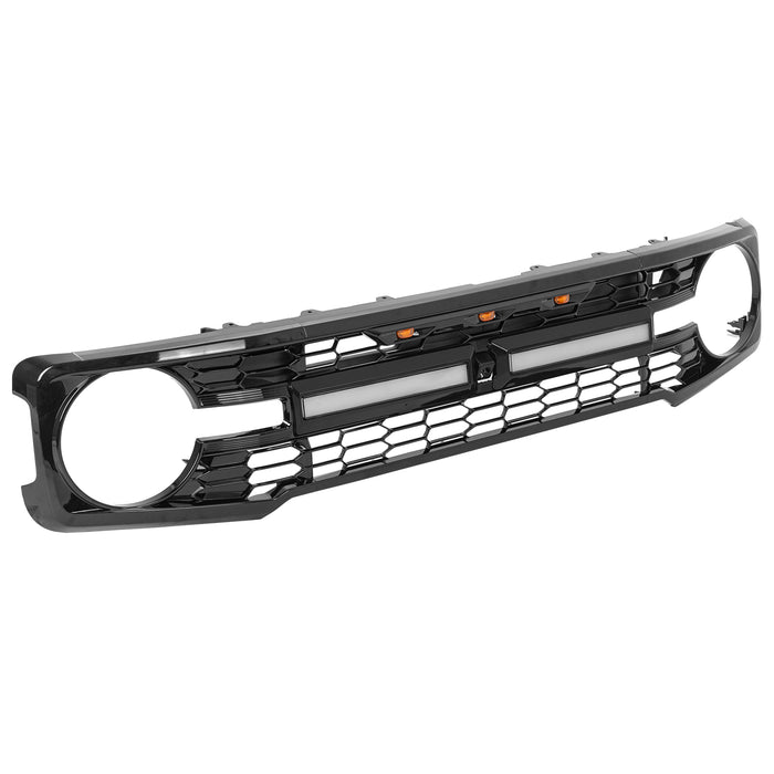 Gloss Black ABS Ford Bronco Grille with Letters, Amber Grille Lights & White DRL