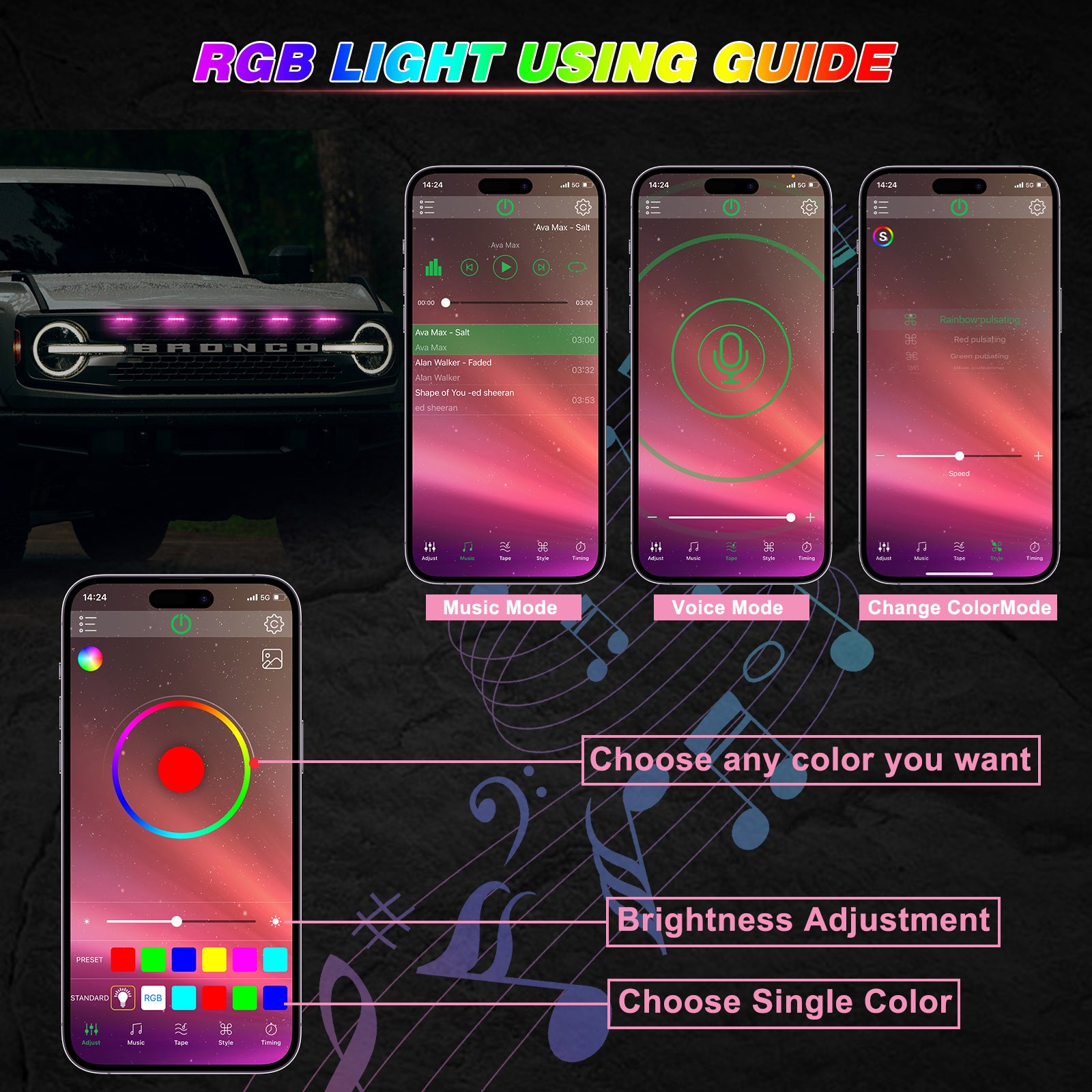 5PC RGB LED Grille Lights with App Control for 2021-2026 Ford Bronco 2/4 Doors Badlands/Wildtrak/Everglades