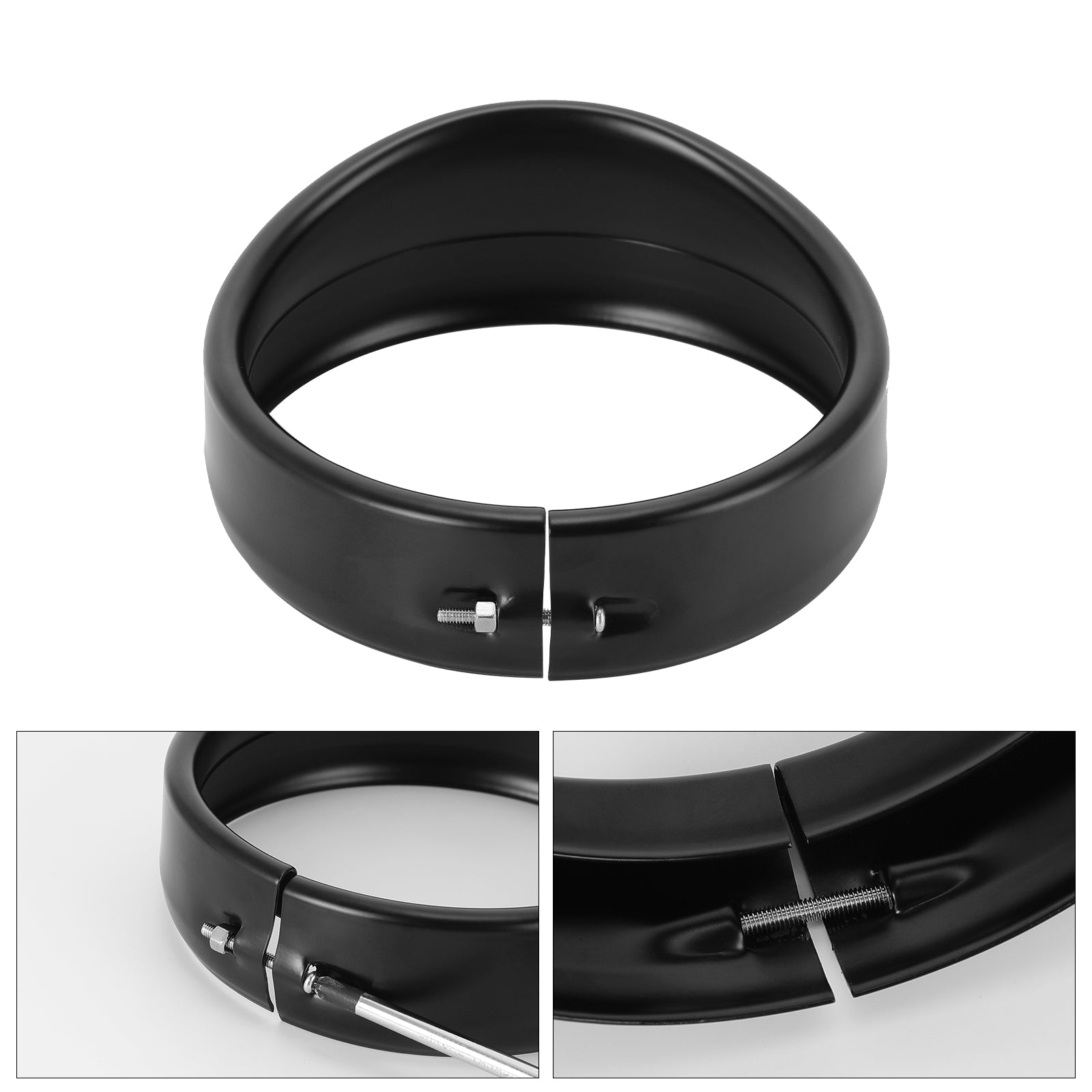 Premium 5.75" Visor-Style Headlight Trim Ring for Harley-Davidson in Gloss Black finish.