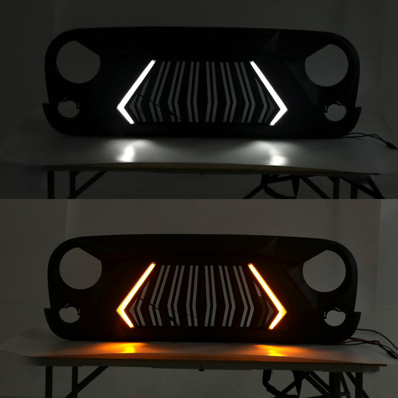 Aggressive Shark Grille with Integrated LED DRL & Turn Signals Compatible with 2007-2018 Jeep Wrangler JK JKU