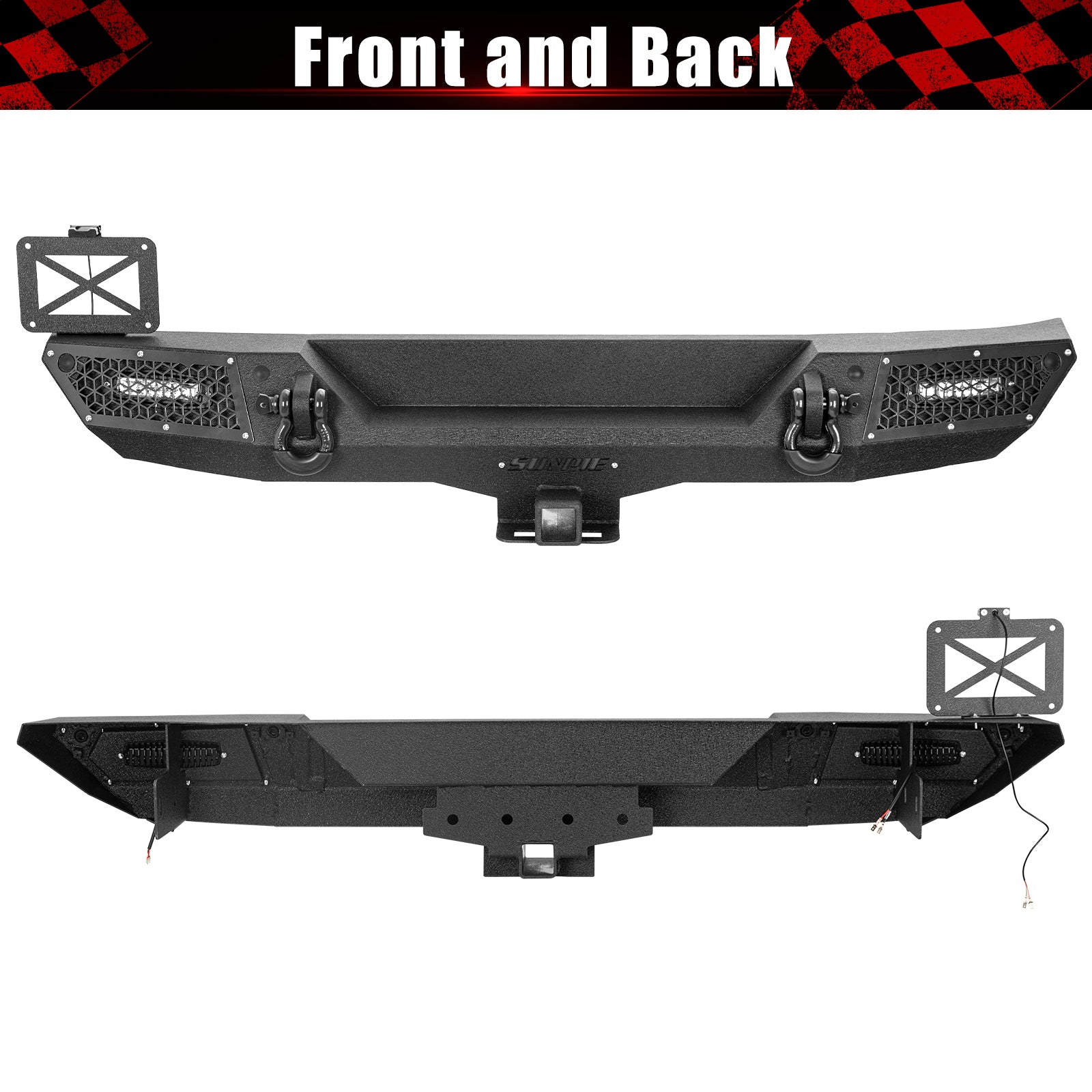 Rugged Carbon Steel Front & Rear Bumper Set for 2007-2018 Wrangler JK/JKU – Includes 6 Color Trim Kits & 2" Hitch