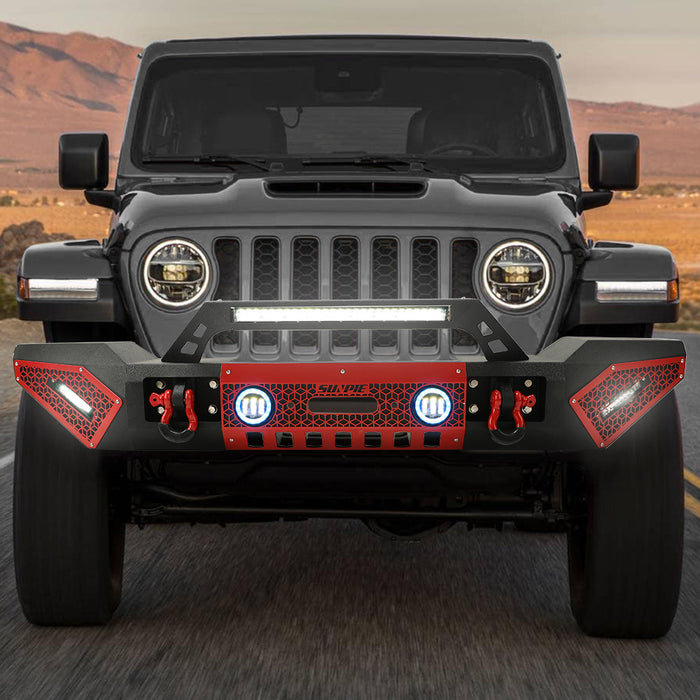 Jeep Wrangler Textured Black Front Bumper with 3 LED Work Lights & 4" RGBW Fog Lights 2 D-Rings & Winch Plate for JK/JKU JL/JLU 4xe Jeep Gladiator JT