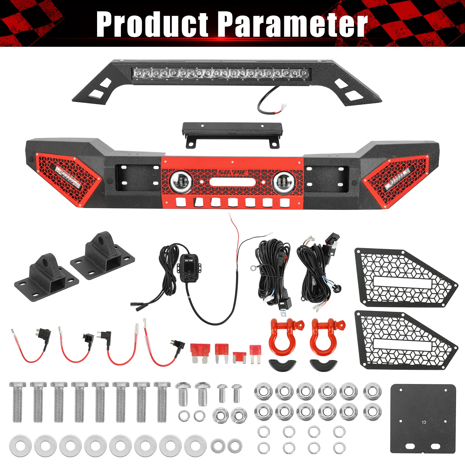 Jeep Front Bumper with Winch Plate, License Plate Bracket, LED Lights & D-Rings for 2007–2026 Jeep Wrangler JK/JL/4XE & Jeep JT