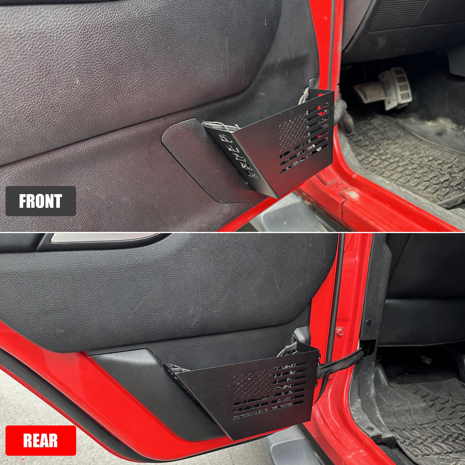 Jeep Wrangler Metal Front & Rear Door Storage Box for 2007-2018 Jeep Wrangler JK JKU 2/4 Door (4PCS) installed in vehicle doors.